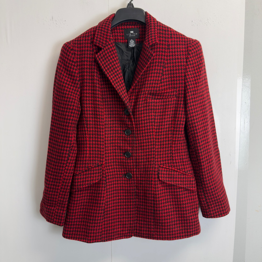 Limited America Red Black Houndstooth Wool Mohair Skirt Suit Set Size 6 Vintage - Picture 2 of 15